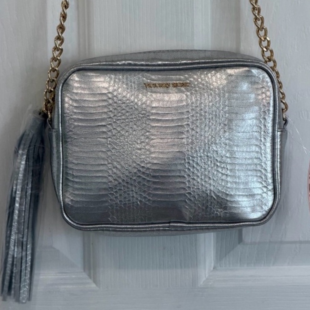 Brand new Victoria's Secret Metallic Silver Crossbody with Gold Chain